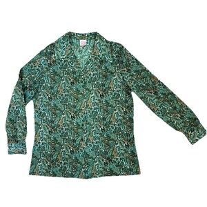 Retro Y2K Green Paisley Button Blouse Boho Hippie Cottagecore Graff Vintage Top
